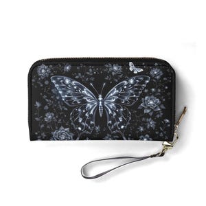 Carteira gótica de borboleta, carteira de couro vegano, carteira fofa, presente exclusivo, carteiras com zíper, carteira feminina, ideia de presente fofa para meninas