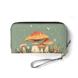Carteira de cogumelo Cottagecore Couro vegano Carteira fofa Presente exclusivo Carteiras com zíper Carteira feminina Ideia de presente única para meninas