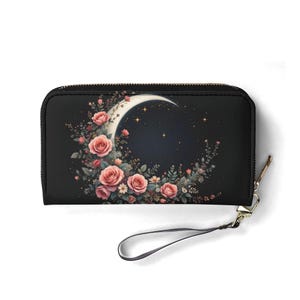 Portefeuille floral lune en cuir végétalien Portefeuille mignon cadeau unique Portefeuilles zippés pour femme Portefeuille fille mignonne Idée cadeau unique