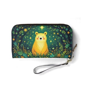 Portefeuille ours mystique en cuir végétalien Portefeuille mignon cadeau unique Portefeuilles avec fermeture éclair pour femme Portefeuille pour femme mignonne Idée cadeau unique