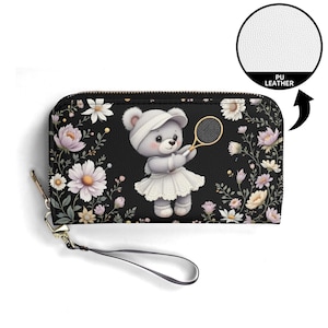 Tennis-Liebhaber-Geschenk-Tasche Tennisspieler-Teddybär-Geschenk-Geldbörse Veganes Leder Niedliche Brieftasche Einzigartige Geschenk-Geldbörsen Zip rund Niedliche Einzigartige Geschenkidee