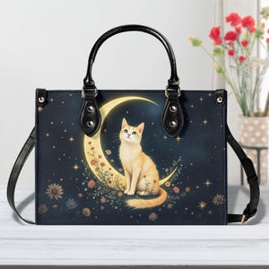 Bolso de gato celestial: regalo de cuero vegano místico para ella, lindo bolso, bolso único, diseño especial, bolsas de regalo para mamá, regalo de novia para ella
