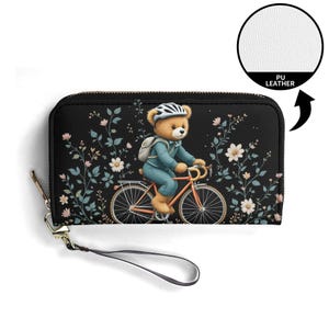 Radfahren Liebhaber Geschenktasche mit Radfahren Teddybär Geschenk Brieftasche Vegan Leder Niedliche Brieftasche Einzigartige Geschenk Brieftasche Zip Rund Niedliche Einzigartige Geschenkidee