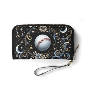 Cartera de béisbol de cuero vegano, linda cartera, carteras de regalo únicas, billetera con cremallera para mujer, linda cartera para niña, idea de regalo única