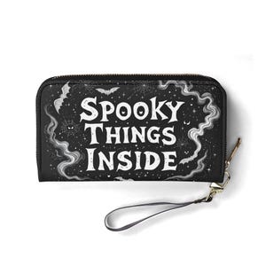 Spooky Things Inside Wallet Portefeuille mignon en cuir végétalien Cadeau unique Portefeuilles avec fermeture éclair pour femme Jolie fille Idée cadeau unique