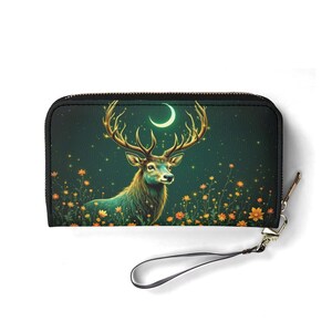 Portefeuille majestueux cerf en cuir végétalien Portefeuille mignon cadeau unique Portefeuilles zippés pour femme Portefeuille pour femme mignonne Idée cadeau unique