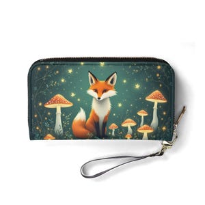 Portefeuille renard de la forêt enchantée en cuir végétalien Portefeuille mignon cadeau unique Portefeuilles zippés pour femme Portefeuille pour femme mignonne Idée cadeau unique