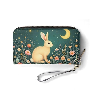 Portefeuille en cuir végétalien avec lapin mystique Portefeuille mignon cadeau unique Portefeuilles avec fermeture éclair pour femme Portefeuille pour femme mignonne Idée cadeau unique