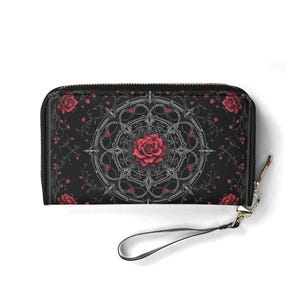 Gothic Rose Brieftasche Vegan Leder Niedliche Geldbörse Einzigartige Geschenk Geldbörsen Zip Rund Frauen Brieftasche Niedliche Mädchen Einzigartige Geschenkidee