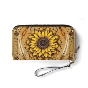 Cartera Boho de Girasol Cartera de Cuero Vegano Bonita Carteras de Regalo Únicas Cartera con Cierre de Cremallera para Mujer Idea de Regalo Única para Niña Bonita