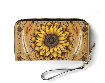 Boho Sunflower Vegan Leather Zip Around Wallet
