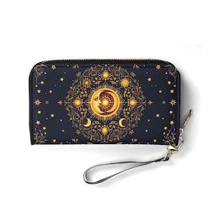 Portefeuille mandala céleste en cuir végétalien Portefeuille mignon cadeau unique Portefeuilles avec fermeture éclair pour femme Portefeuille femme mignonne Idée cadeau unique