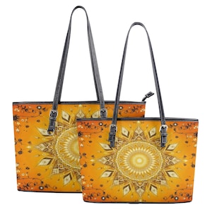 Boho Sunburst Bag - Vegan Leather Rustic Gift for Women PU Leather Tote Bag