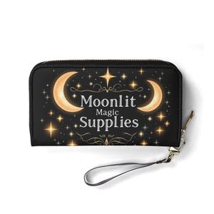 Fournitures magiques au clair de lune portefeuille en cuir végétalien mignon portefeuille cadeau unique portefeuilles fermeture éclair femme portefeuille jolie fille idée cadeau unique