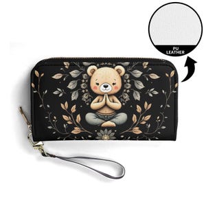 Bolsa de presente para amantes de ioga Bolsa de urso de pelúcia Carteira de presente Couro vegano Carteira fofa Carteiras de presente exclusivas com zíper Ideia de presente fofa e exclusiva