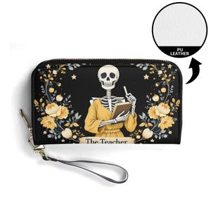Carteira de presente de esqueleto de professor, carteira de couro vegana, carteira fofa, presente exclusivo, carteiras com zíper, carteira feminina, ideia de presente fofa para meninas, presente exclusivo