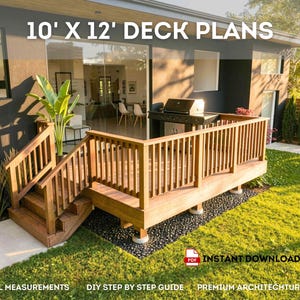 10'x12' Raised Deck Plans | DIY Blueprints - Backyard Deck with Stairs, Material & Cut List, PDF Download, Permit Ready, Step by Step