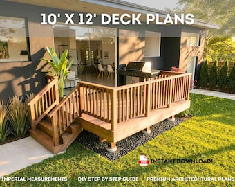 10'x12' Raised Deck Plans | DIY Blueprints - Backyard Deck with Stairs, Material & Cut List, PDF Download, Permit Ready, Step by Step