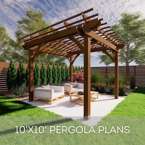 10&#39;x10&#39; Pergola Plans | DIY Blueprints for Outdoor Shelter- Construction Drawings with Material & Cut Lists, PDF Download, Wood Pergola