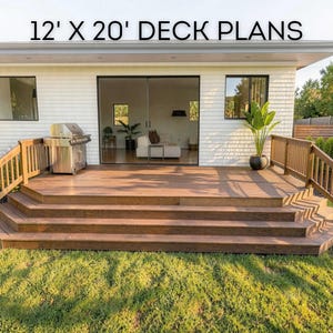 May include: A wooden deck with steps, a railing, and a built-in grill. The deck is 3.66 metres by 6.1 metres, with the text "12' X 20' DECK PLANS" at the top. The deck is surrounded by green grass and a house.