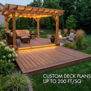May include: A wooden deck with a pergola, outdoor seating, and a fire pit. The deck has built-in lighting and is surrounded by lush greenery. Text on the image reads: CUSTOM DECK PLANS UP TO 200 FT/SQ.
