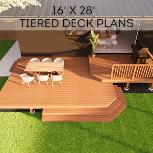 16&#39;x28&#39; Tiered Deck Plans | Premium DIY Blueprints - Construction Drawings with Material & Cut Lists, PDF Download, Permit Ready