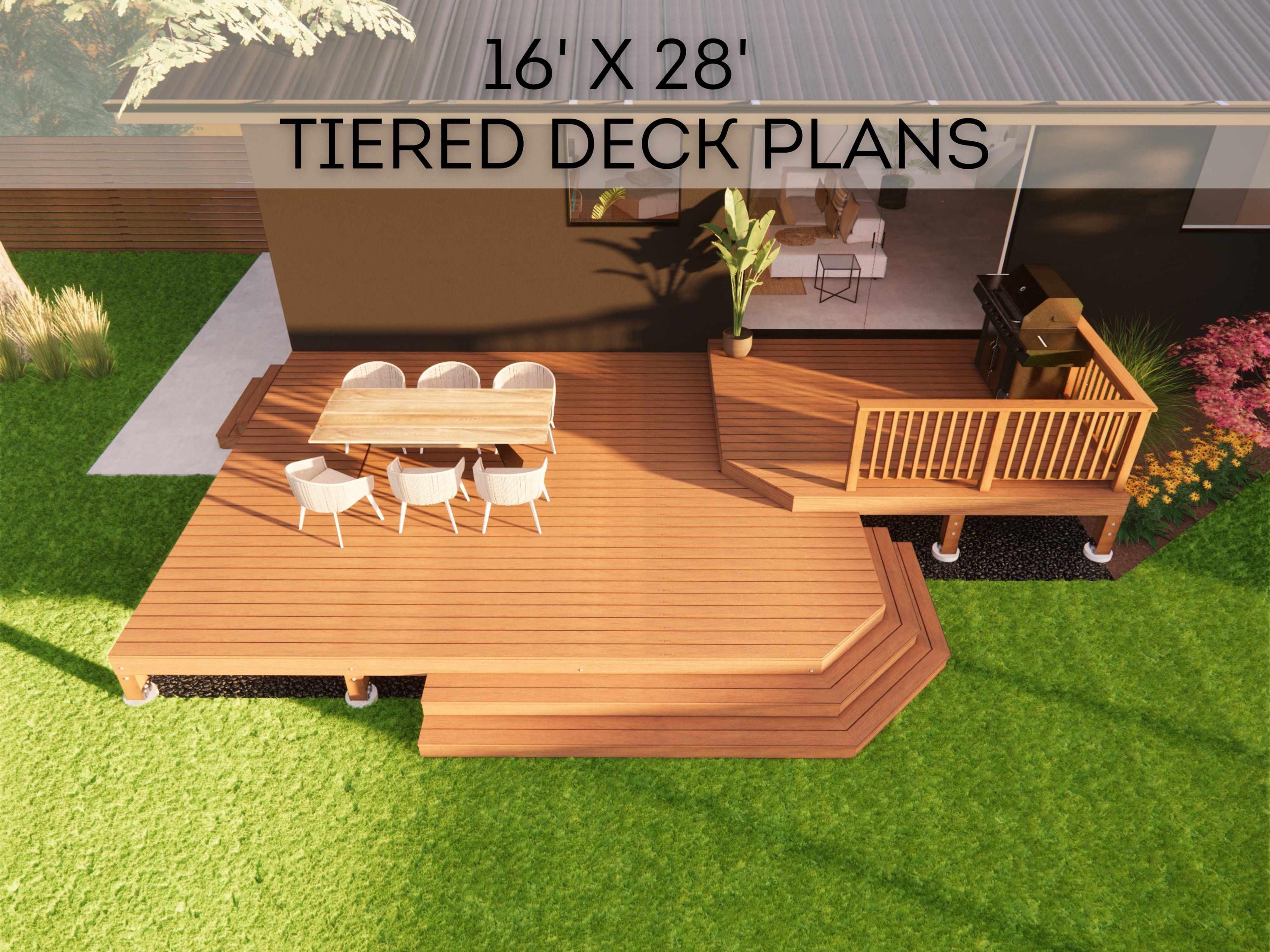 16'x28' Tiered Deck Plans | Premium DIY Blueprints - Construction Drawings with Material & Cut Lists, PDF Download, Permit Ready