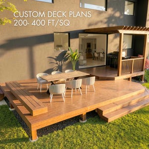 May include: A wooden deck featuring a dining table with six chairs, a built-in bench, and a pergola structure attached to a dark-coloured house. The text CUSTOM DECK PLANS 200- 400 FT/SQ is visible in the upper portion of the image.