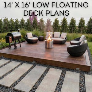 May include: A 4.27m x 4.88m low floating deck featuring a brown wooden surface, a black charcoal grill, a circular fire pit with flames, and dark wicker outdoor furniture with beige cushions, set against a backdrop of green trees and shrubs.