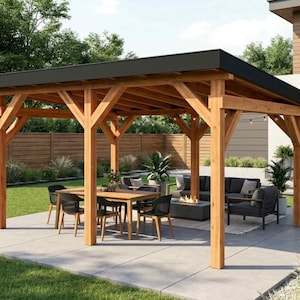 May include: A wooden outdoor pavilion featuring a flat black roof, supported by sturdy timber posts. The structure covers a patio area furnished with a wooden dining table, black chairs, a grey sofa set, and a rectangular fire pit table.
