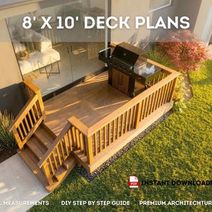 Planos para terraza elevada de 8'x10' / Planos para construir una terraza en el patio trasero con escaleras, lista de materiales y cortes, descarga en PDF, listo para obtener el permiso, paso a paso.