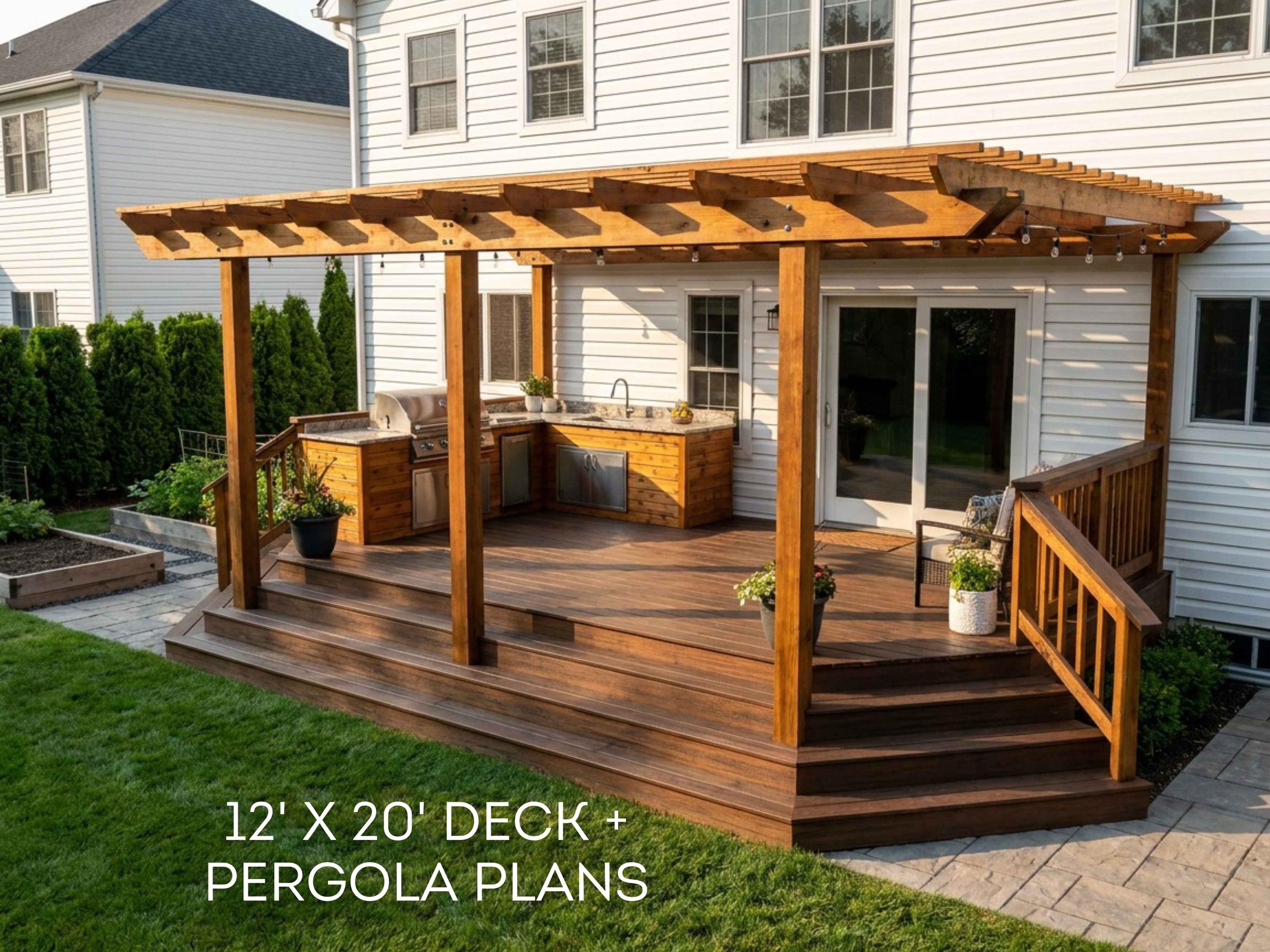 20'x12' Raised Deck Plans with Pergola DIY Blueprints - Backyard Deck with Stairs, Material & Cut List, PDF Download, Permit Ready