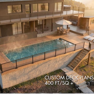May include: A multi-level residential deck featuring a rectangular swimming pool, black metal railings, and outdoor furniture. The structure includes a dining area with an umbrella and lounge chairs. Text on the image reads: CUSTOM DECK PLANS 400 FT/SQ +