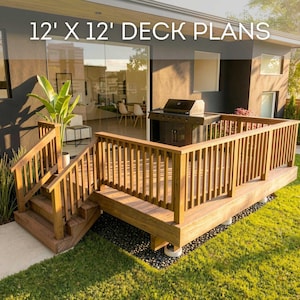 12'x12 'Rased Deck Plans | DIY Blueprints - Gartendeck mit Treppe, Material & Schnittliste, PDF Download, Permit Ready, Schritt für Schritt