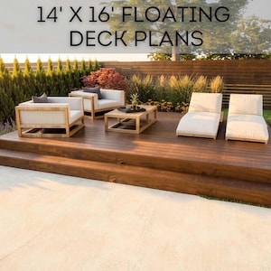 May include: A 14' x 16' floating deck with dark brown wooden planks and two steps. The deck features two light-colored armchairs, a matching rectangular coffee table, and two light-colored lounge chairs arranged on the surface.