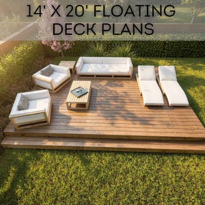 Peut inclure: Une terrasse en bois rectangulaire de 14' x 20' avec un ensemble de meubles d'extérieur comprenant un canapé, deux fauteuils, deux chaises longues et une table basse. Le texte 14' X 20' FLOATING DECK PLANS est affiché en haut.