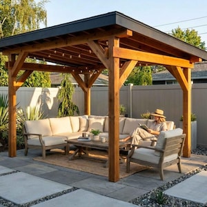 Op de afbeelding: Een houten pergola met een donker plat dak en lichtsnoeren, voorzien van een hoekbank met crèmekleurige kussens, een houten salontafel en een bijpassende fauteuil op een rechthoekig kleed in een buitenruimte.