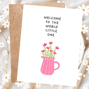 Carte de voeux pour nouveau bébé fille Carte de bienvenue pour bébé Félicitations pour nouveau bébé nouveau-né Félicitations pour nouveau-né Fleurs roses Pot rose Jolie carte pour nouveau bébé