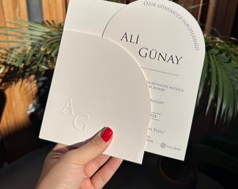 White Classic Initial Embossed Modern Wedding Invitation