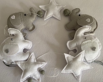 Felt Elephant Garland – Grey & White Nursery Decor, Handmade