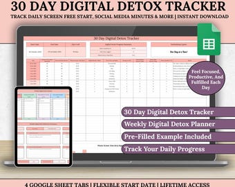 Défi de suivi numérique de désintoxication de 30 jours, suivi du temps passé devant l'écran, défi de l'ajout de téléphones, feuille de calcul pour réinitialisation des habitudes (feuilles Google)
