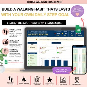 Puede incluir: Un rastreador digital 60 Day Walking Challenge mostrado en una pantalla de portátil y smartphone. La interfaz presenta métricas de revisión semanal, objetivos de pasos, gráficos de progreso y registros de logros. El texto incluye 60 DAY WALKING CHALLENGE, BUILD A WALKING HABIT THATS LASTS WITH YOUR OWN DAILY STEP GOAL, TRACK, REFLECT, REVIEW, TRANSFORM y GOOGLE SHEETS INSTANT DOWNLOAD.