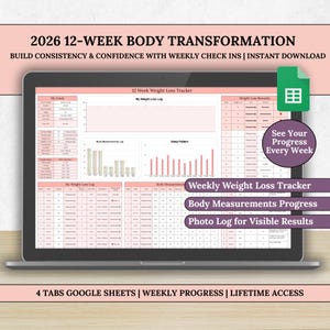 2026-tracker voor gewichtsverlies en lichaamstransformatie van 12 weken, wekelijkse voortgangsfoto's log + check-ins lichaamsmetingen