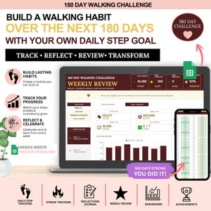 Può includere: Un tracker digitale per una sfida di camminata di 180 giorni visualizzato su uno schermo di laptop e smartphone. L'interfaccia presenta una revisione settimanale, metriche sui passi, grafici di avanzamento e monitoraggio degli obiettivi. Il testo include 180 DAY WALKING CHALLENGE, BUILD A WALKING HABIT e TRACK REFLECT REVIEW TRANSFORM.