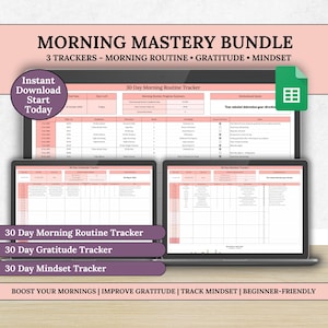 Op de afbeelding: Een digitaal productpakket genaamd "Morning Mastery Bundle" met drie trackers: Ochtendroutine, Dankbaarheid en Mindset. De afbeelding toont de trackers op een laptopscherm, met de tekst "Direct Downloaden Start Vandaag".