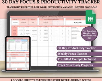 May include: A digital 30-day focus and productivity tracker displayed on a laptop and tablet. The screen shows a spreadsheet with daily task tracking. Text includes "Track Daily Priorities" and "Instant Download". Additional text: "Feel Energised Happier, And Fulfilled Each Day".