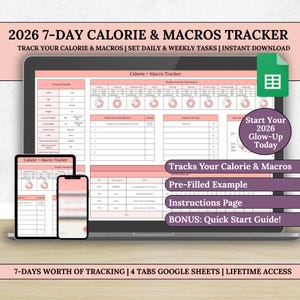2026年7日間のカロリー＆マクロトラッカー（Googleスプレッドシート用）、新年の栄養リセット＋週間食事プランナー、カロリー＋マクロ計算スプレッドシート