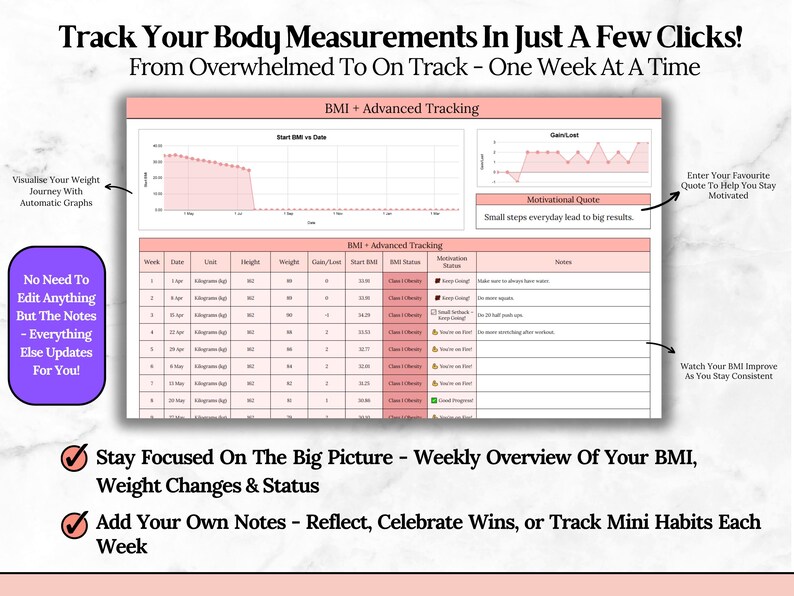 2026 Body Measurements Tracker for Google Sheets, 1 Year Weight Loss ...