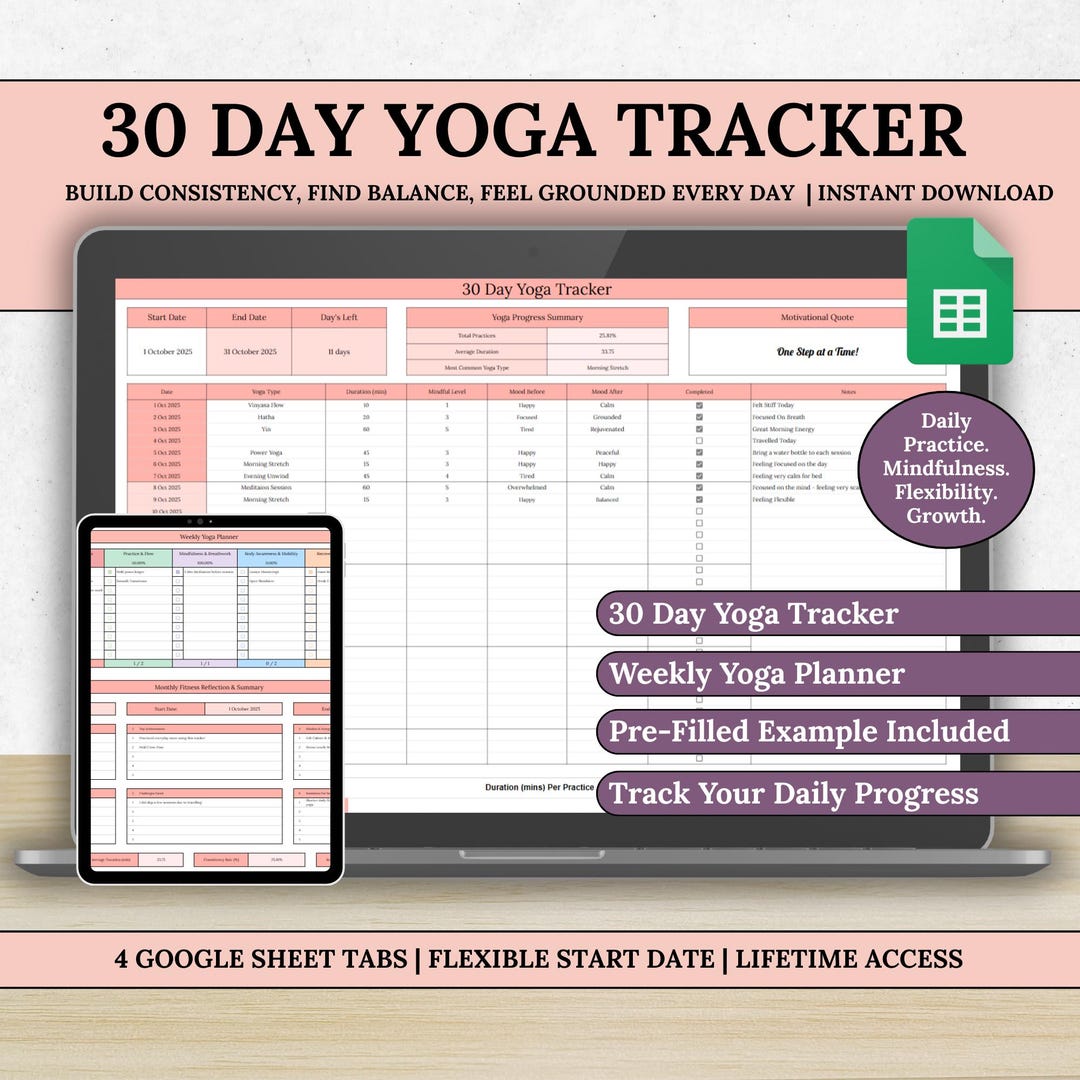30 Day Yoga Tracker, Daily Yoga Planner, Mindfulness & Breathwork Journal, Yoga Habit Tracker ...
