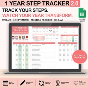 May include: A laptop screen displaying a 1-year step tracker 2.0 spreadsheet for Google Sheets. The interface features sections for daily step logging, monthly summaries, goal settings, and performance charts with pink and white color schemes.